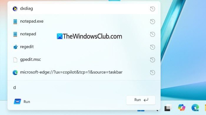 New Run dialog history