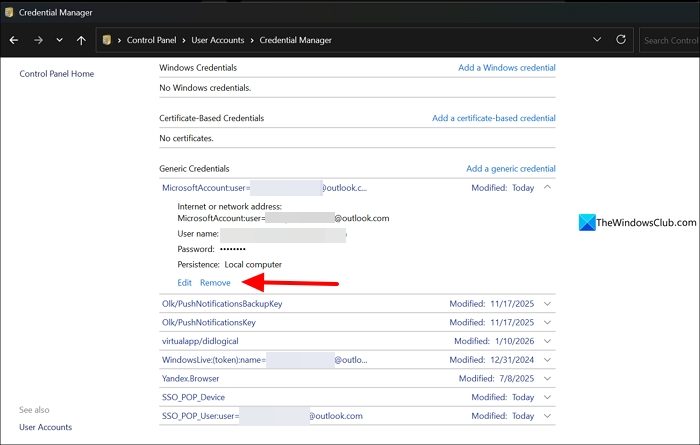 Remove a credential from Windows Credentials