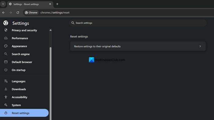 Reset settings on Chrome