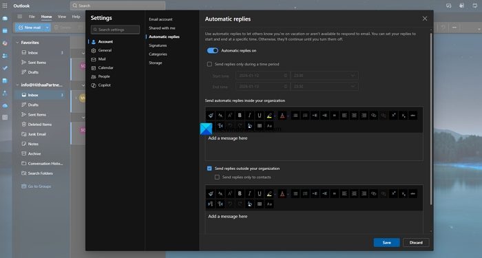automatic replies configuration on Outlook