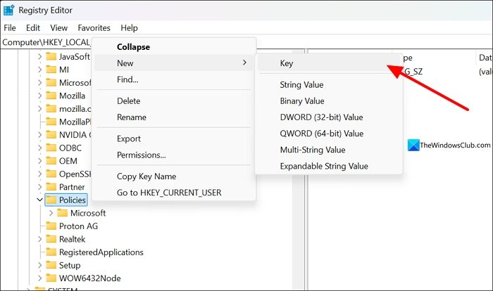 create new policies key in registry editor
