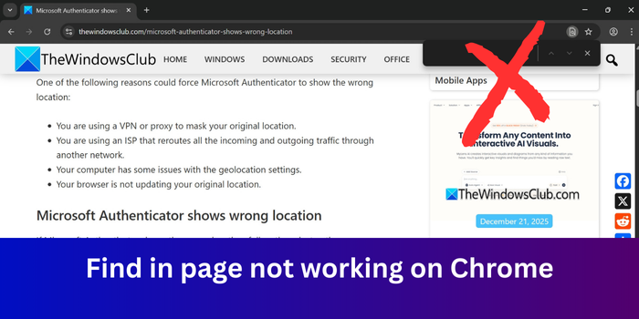 find in page not working on Chrome