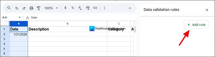 new rule for Data validation on Google Sheets