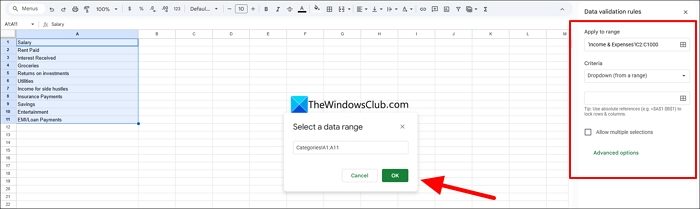 select data range for categories