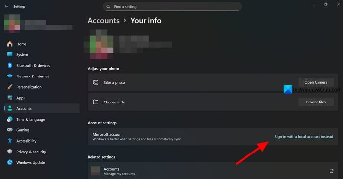 sign in with a local account instead in Settings app