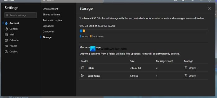 storage on Outlook app