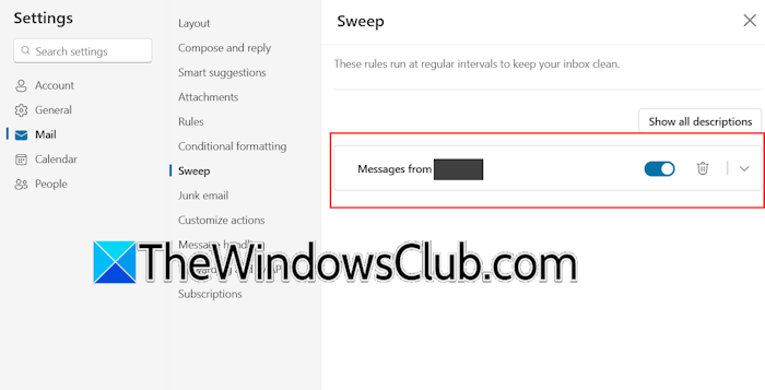 Configure Sweep rules in Outlook Web