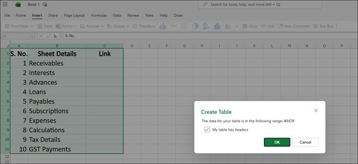 Create structured table on Excel