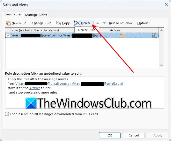 Delete Outlook rules for archive emails