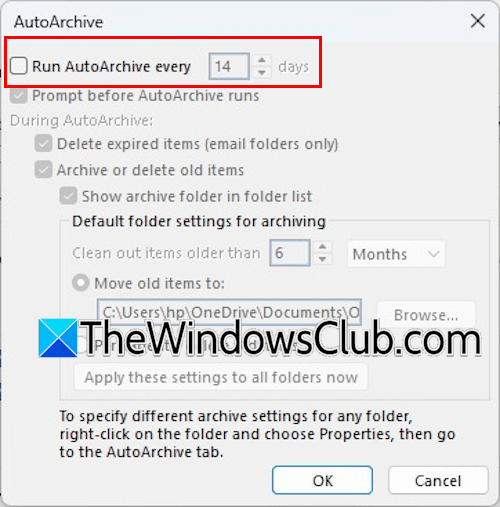 Disable AutoArchive setting