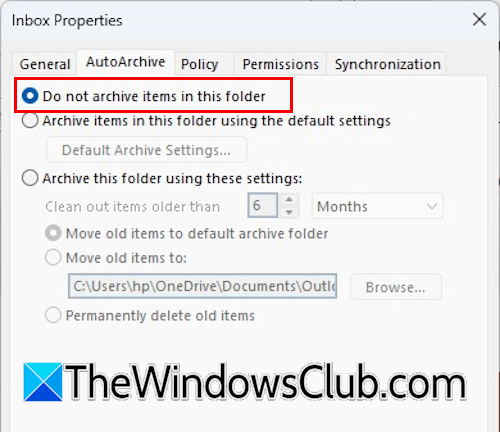 Folder specific archive settings