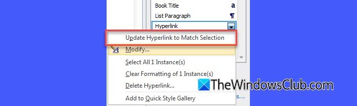 Update hyperlink to match selection