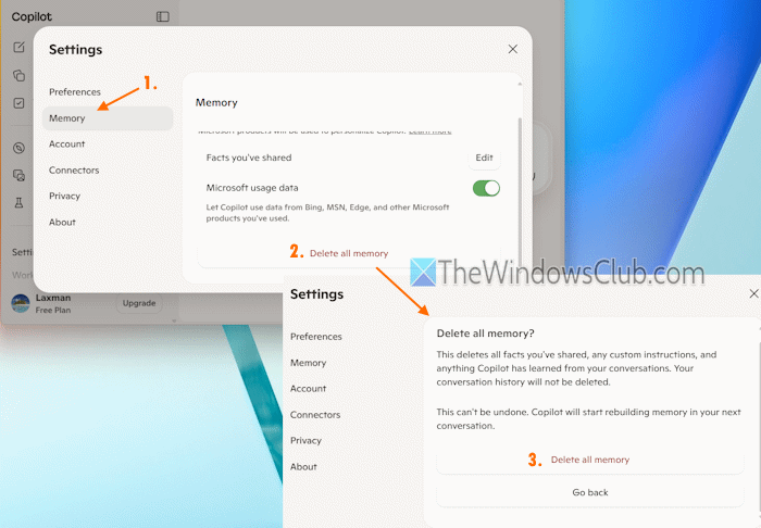 delete all memory copilot website delete all memory copilot website