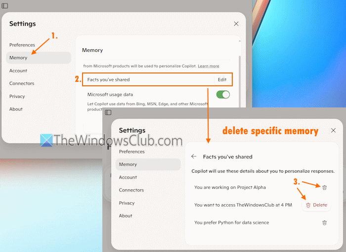 delete specific memory copilot website delete specific memory copilot website