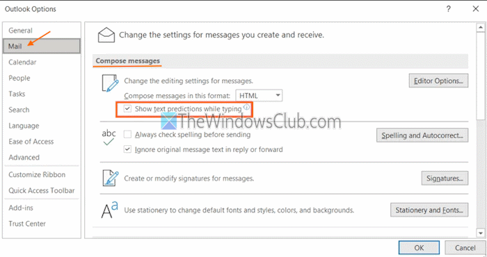 re-enable text predictions ms outlook