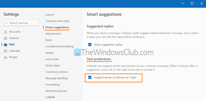 Outlook Text predictions missing or unavailable