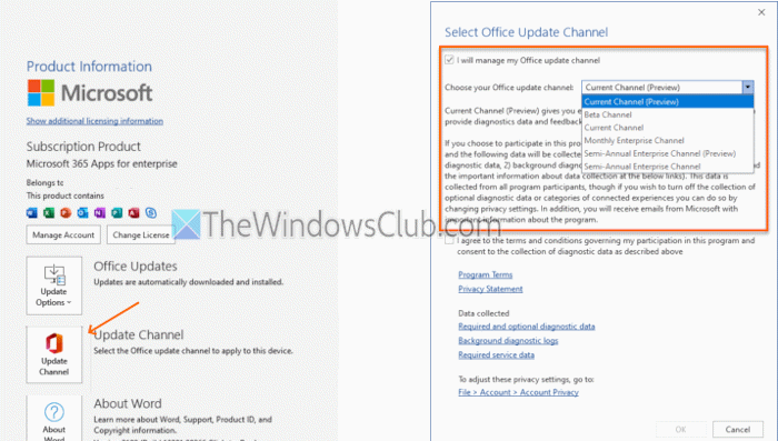 switch or update outlook channel