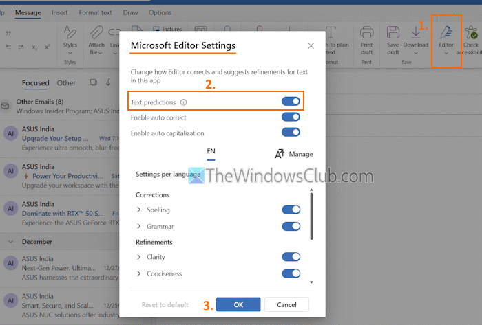 use outlook web text predictions