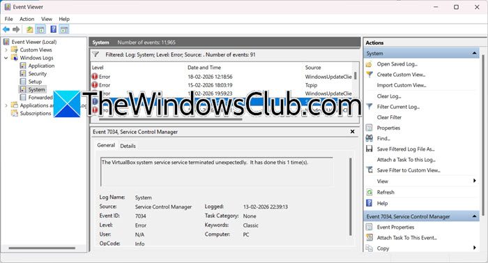 The VirtualBox system service service terminated unexpectedly