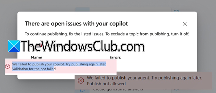 We failed to publish your agent Copilot error
