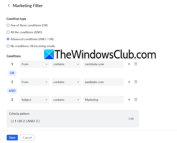 AND OR condition filter Zoho Mail