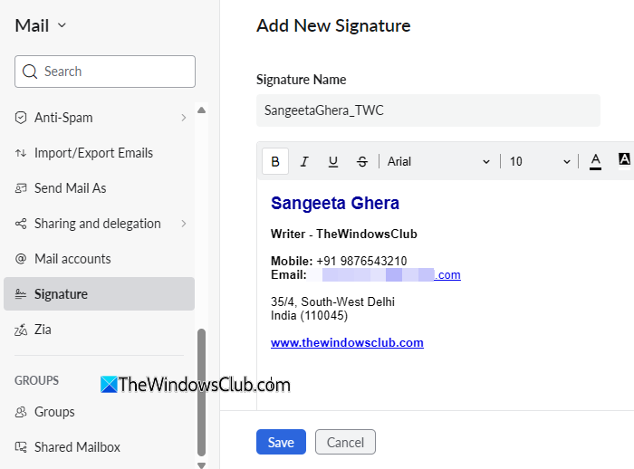 Add new signature ZohoMail