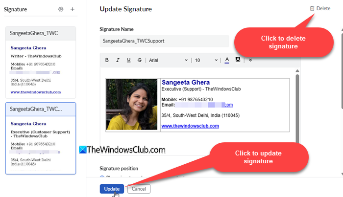 Delete or update signature