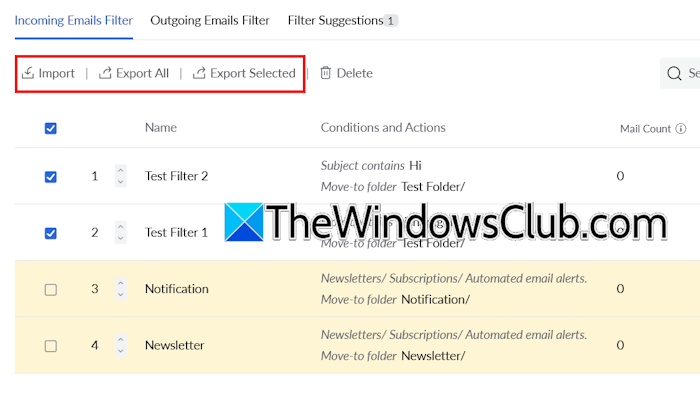 Export Import filters Zoho Mail