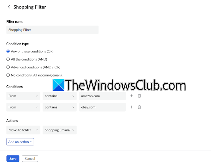 OR condition filter Zoho Mail