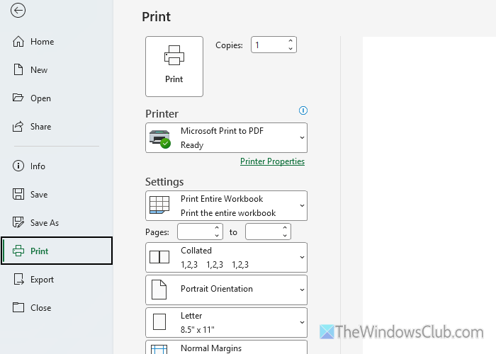 Unable to specify pages to print in Excel