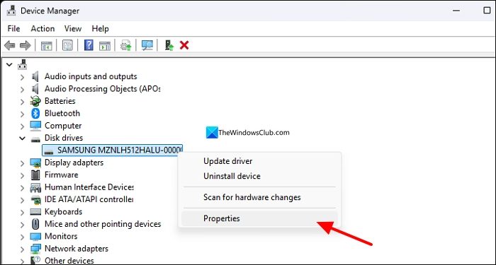 disk properties on device manager