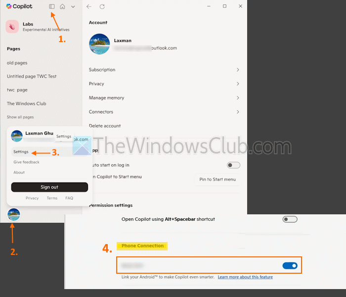 enable phone connection copilot settings enable phone connection copilot settings