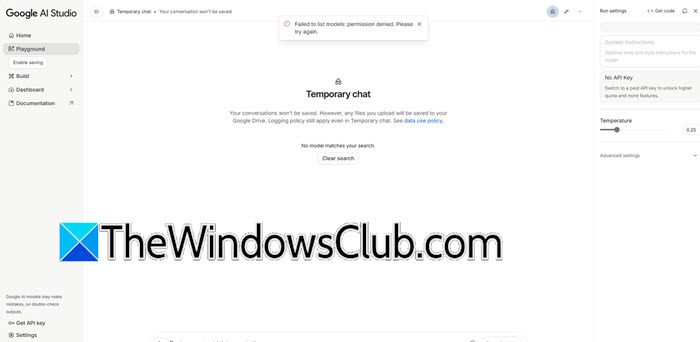 Google AI Studio is directing to the region page