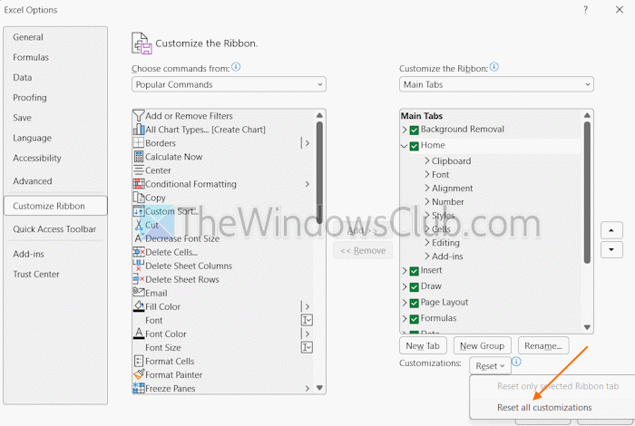 reset alle lintaanpassingen excel