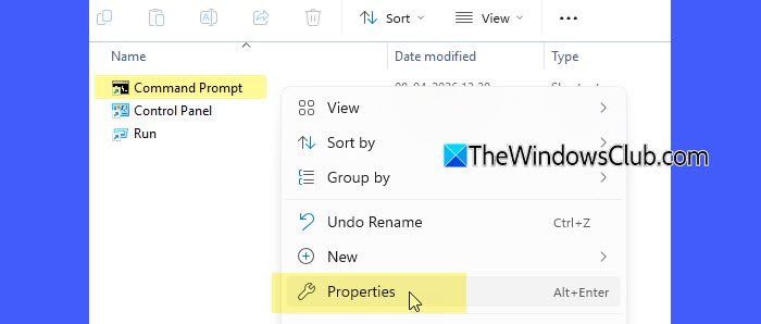 Eigenschappen van CMD-snelkoppelingen