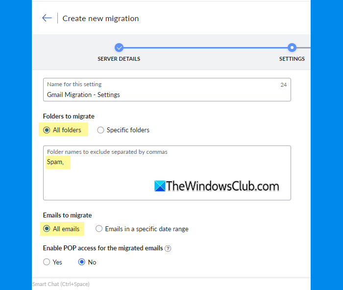 Migration settings Migration settings