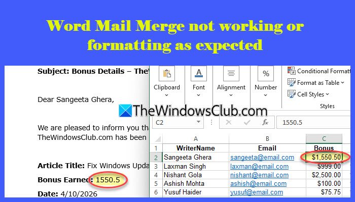 Word Mail Merge not working or formatting as expected