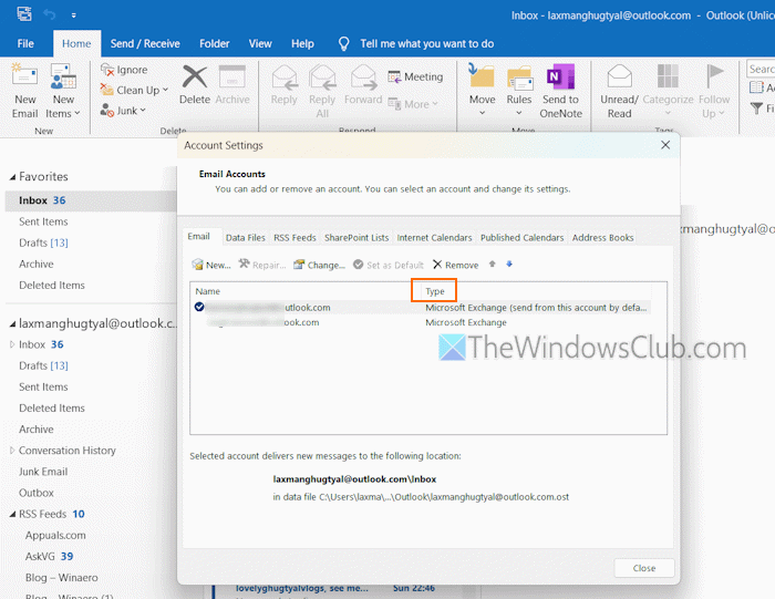 check outlook account type