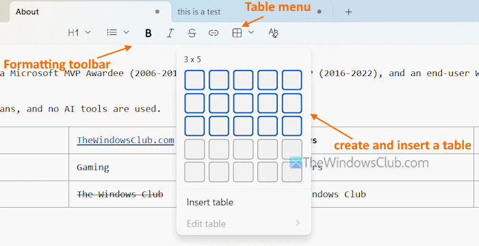 maak een tabel met opmaak in kladblok op de werkbalk