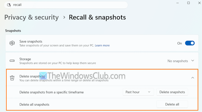 delete recall snapshots