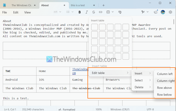 tabel bewerken in kladblok