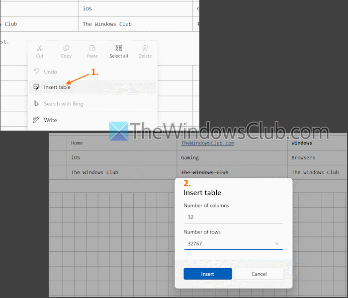 tabel invoegen met rechtermuisknopmenu