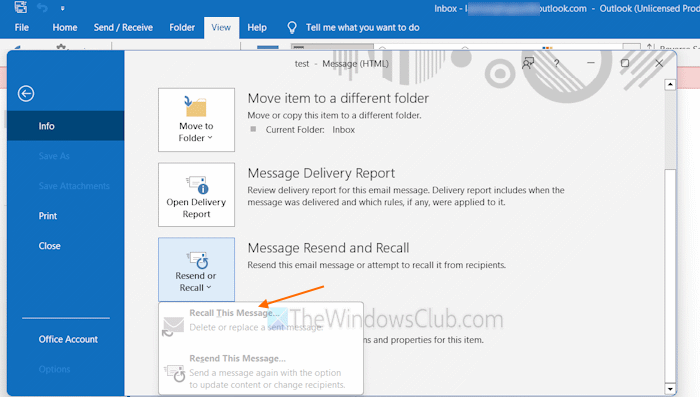 recall this message greyed out missing outlook
