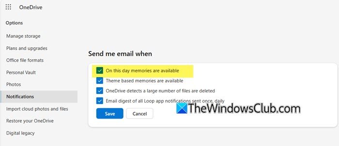 stop onedrive memories email notifications