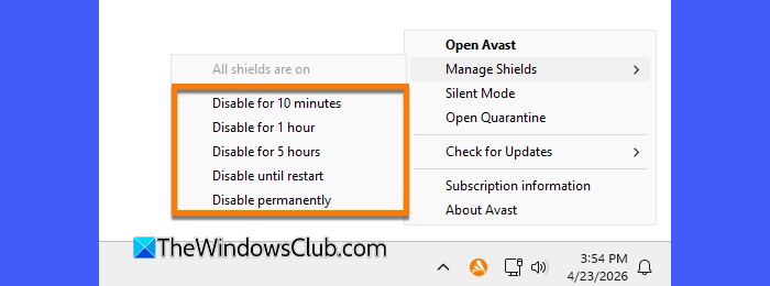 Disable Avast antivirus