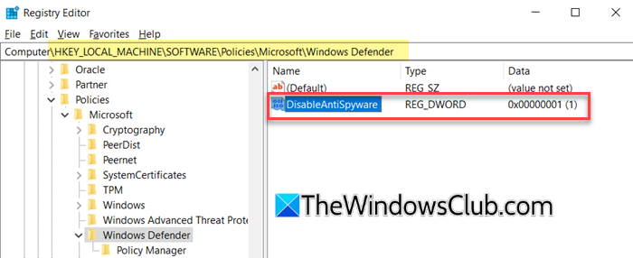 Disable Defender through the Registry Editor Disable Defender through the Registry Editor