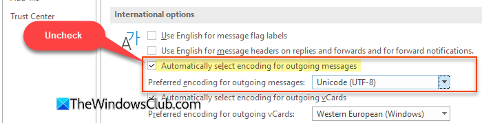 Disable automatic encoding selection in Outlook settings Disable automatic encoding selection in Outlook settings