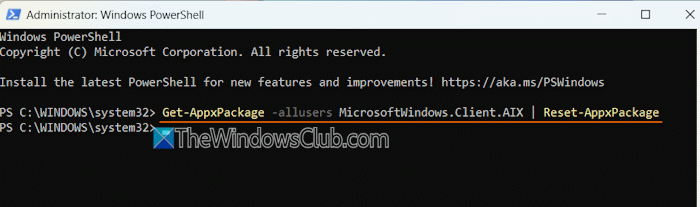 Reset or remove MicrosoftWindows.Client.AIX package Reset or remove MicrosoftWindows.Client.AIX package