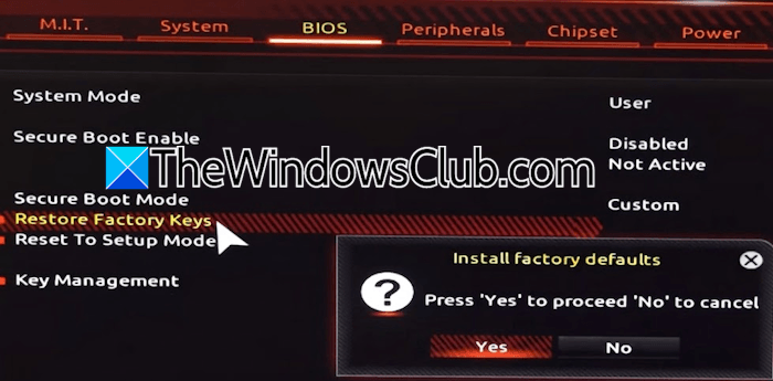 Restore Factory Keys in BIOS Restore Factory Keys in BIOS