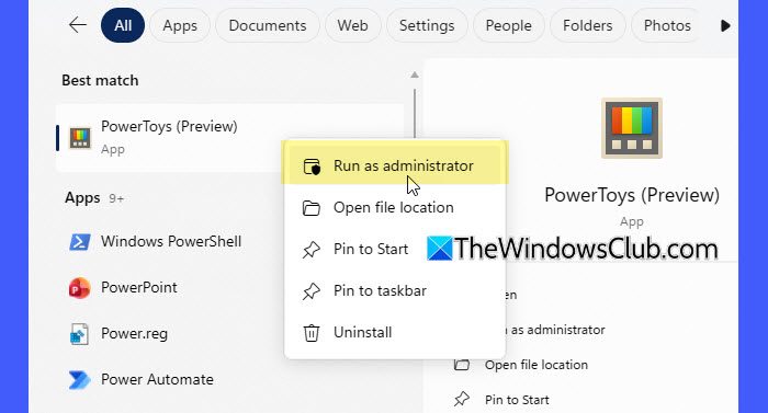 Run PowerToys as Admin